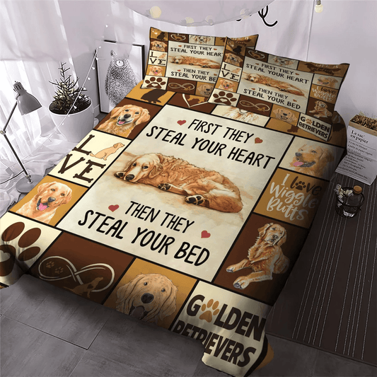 Cute Sleeping Chibi Dog Soft Duvet Cover Set, Doggo Queen Size Bedding Set, Golden Retriever Dog Bedding Set, Gifts for Dog