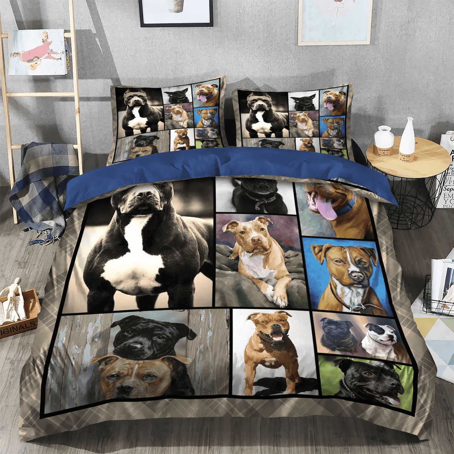 Bull Terrier Gray Soft Duvet Cover Set, Chibi Dog Queen Size Bedding Set, American Pit Bull Terrier Dog Bedding Set, Gifts for Bull Terrier