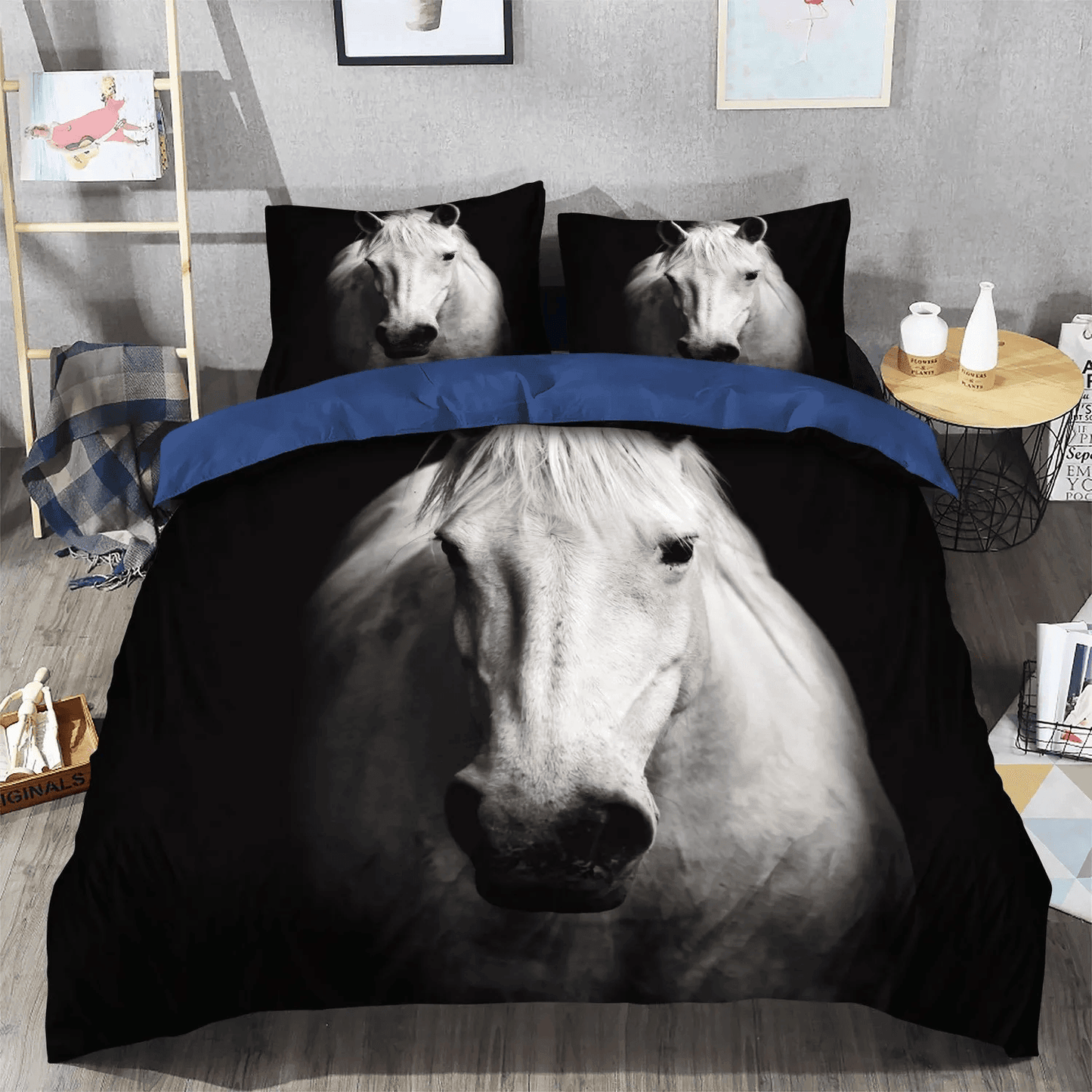 Abstract Horse Bedding set, Horse Queen Size Bedding Set, Horse In Motion Soft Duvet Cover Set, White Horse Bedding Set, Gifts for Horse