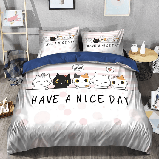 Cat Tracks Bedding set, Cat Soft Duvet Cover Set, Cat Paw Queen Size Bedding Set, Hello Have A Nice Day Cute Cats PTS Bedding Set, Gifts for Cat