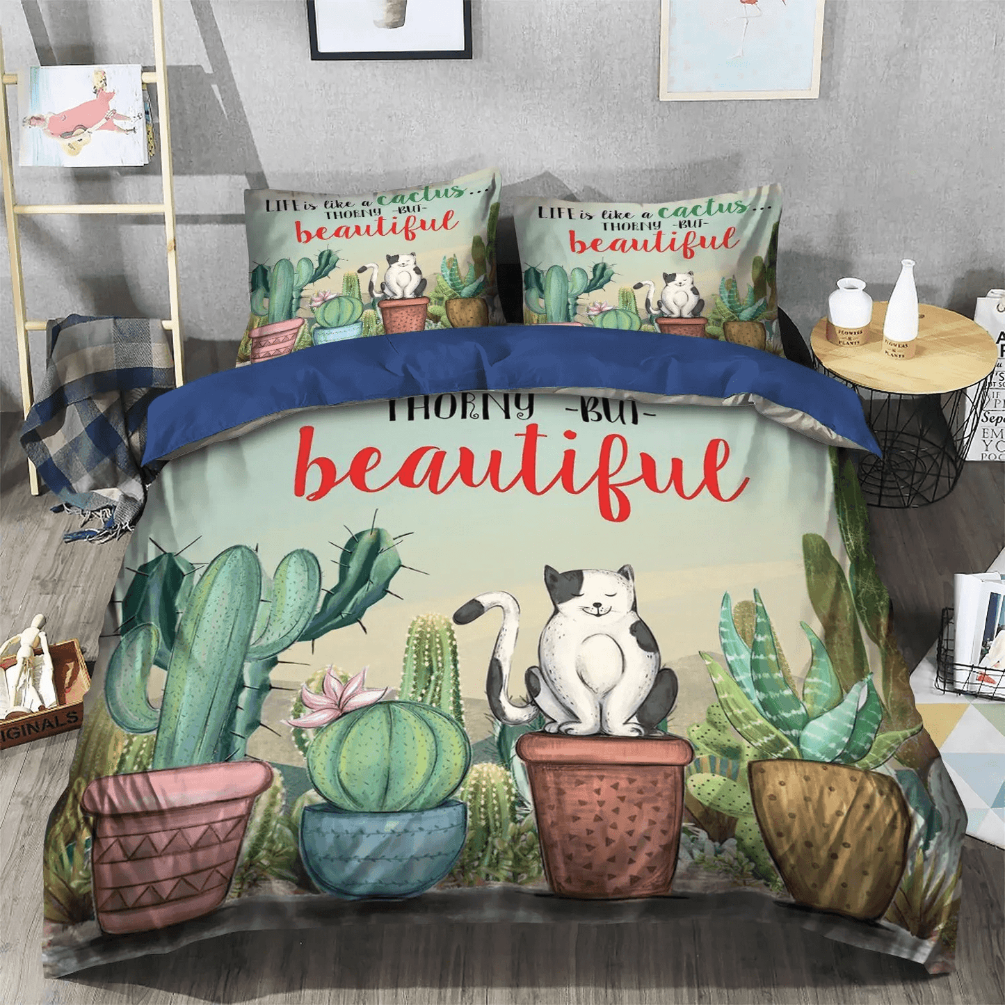 Cat King Size Bedding Set, Funny Cactus Soft Duvet Cover Set, Cactus Pun Queen Size Bedding Set, Cactus Cat Bedding Set, Gifts for Cactus