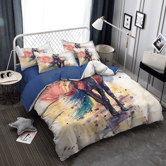 Galloping Horse Soft Duvet Cover Set, Watercolor Giraffe Queen Size Bedding Set, White Watercolor Horse HCD Bedding Set, Gifts for Horse