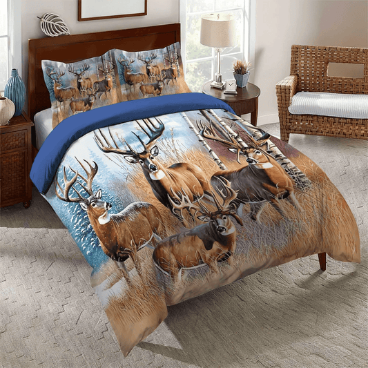 Personalized 3-piece Duvet Cover Bedding Set  American Flag Deer Hunting Queen Size Bedding Set, Christmas Deer King Size Bedding Set, Four Deer Hunting Bedding Set, Gifts for Hunting