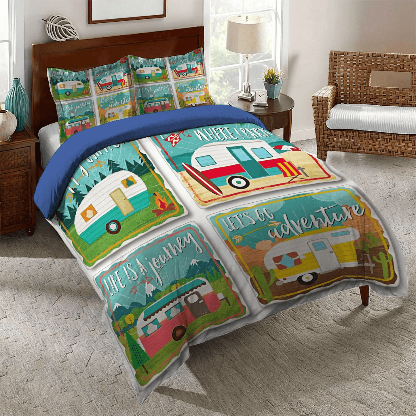 Camping Queen Size Bedding Set, Great Comet Square Soft Duvet Cover Set, Camping Camper Square Bedding Set, Gifts for Square