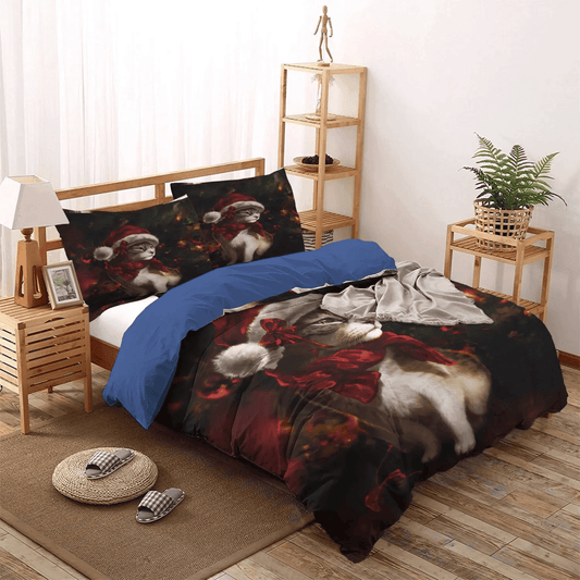 Christmas King Size Bedding Set, Merry Christmas Quotes Soft Duvet Cover Set, Christmas Cat DNT Bedding Set, Gifts for Cat