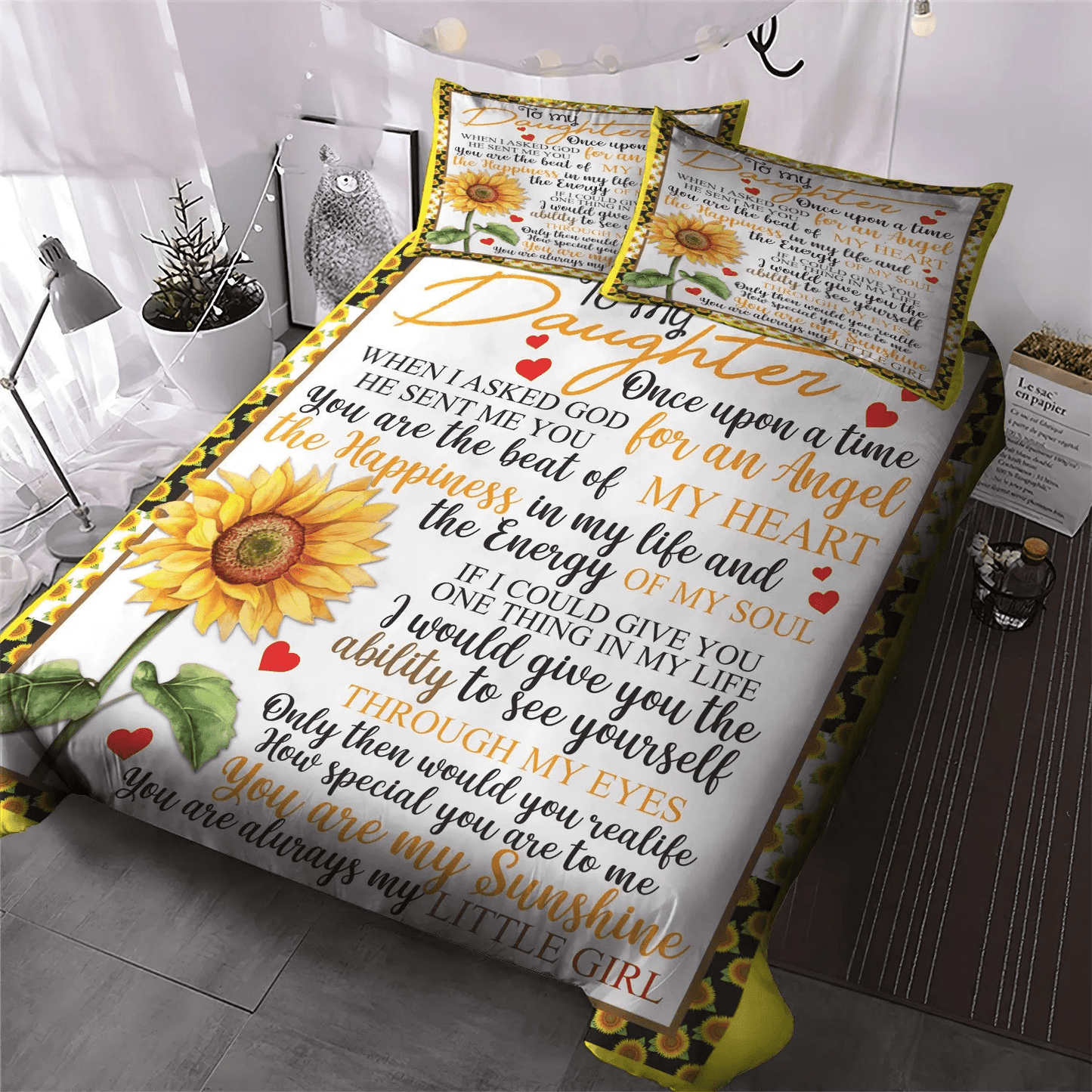 Daughters Queen Size Bedding Set, Sunflower Soft Duvet Cover Set, Sunflower Mom To My Daughter You Are My Sunshine Bedding Set, Gifts for Sunshine