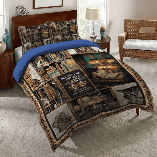 Cat Paw Soft Duvet Cover Set, Cat Bedding set, Cat Tracks Queen Size Bedding Set, Books And Cats Bedding Set, Gifts for Book