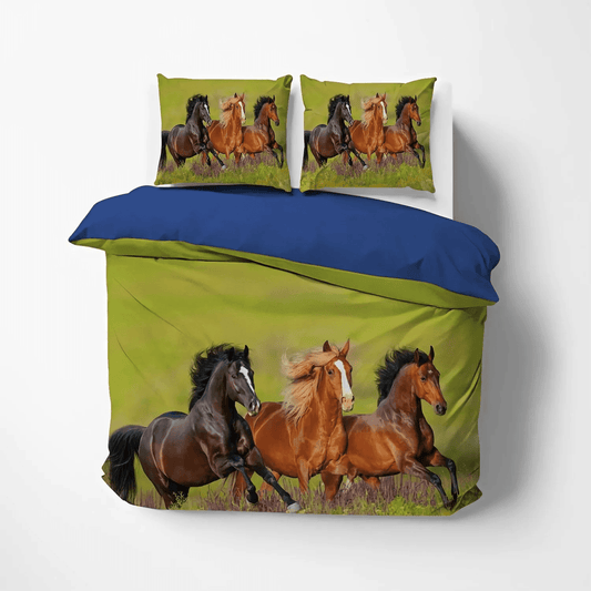 Colorful Horse King Size Bedding Set, Galloping Horse Soft Duvet Cover Set, Horse Green Duvet NTA DNT Bedding Set, Gifts for Horse