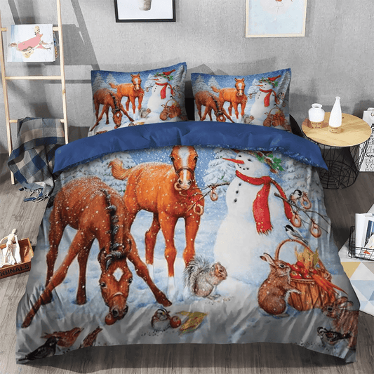 Galloping Horse King Size Bedding Set, Horse Soft Duvet Cover Set, Horse And Snowman Bedding Set, Gifts for Horse