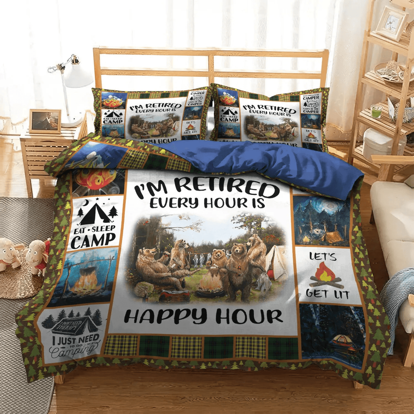 Camping Soft Duvet Cover Set, Bear King Size Bedding Set, Funny Bear Queen Size Bedding Set, Camping Bear The Emperor Bedding Set, Gifts for Bear