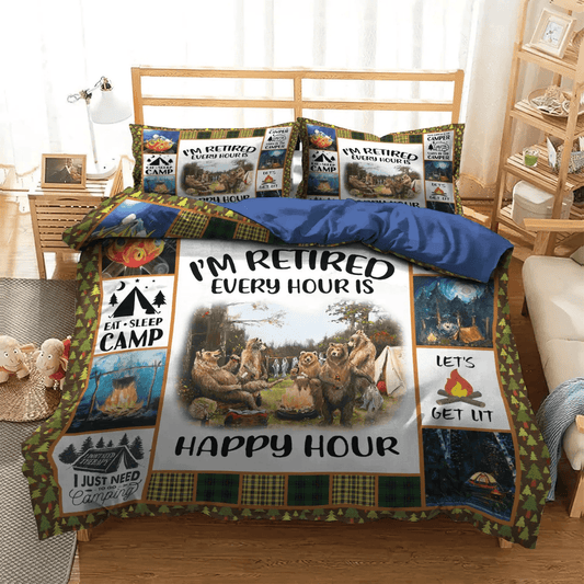 Camping Soft Duvet Cover Set, Bear King Size Bedding Set, Funny Bear Queen Size Bedding Set, Camping Bear The Emperor Bedding Set, Gifts for Bear