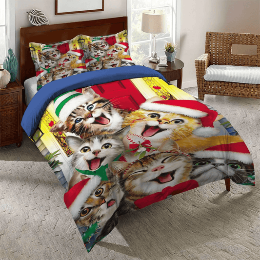 Christmas Penguin Queen Size Bedding Set, Merry Christmas Quotes Soft Duvet Cover Set, Christmas Cat Face Bedding Set, Gifts for Cat