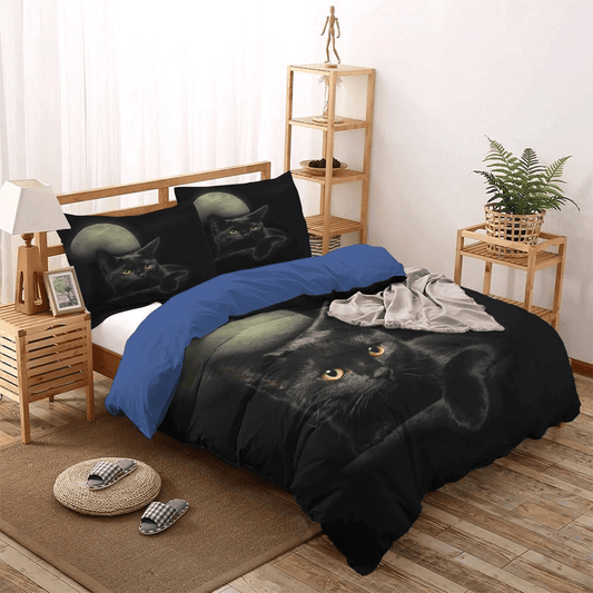 Crescent Moon Queen Size Bedding Set, Happy Black Cat Soft Duvet Cover Set, Black Cat And Moon Bedding Set, Gifts for Black Cat