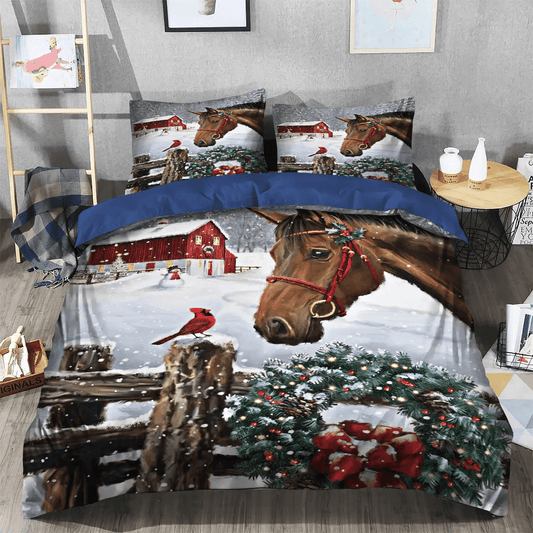 Christmass Soft Duvet Cover Set, Merry Christmas Quotes Bedding set, Horse Christmas Bedding Set, Gifts for Horse