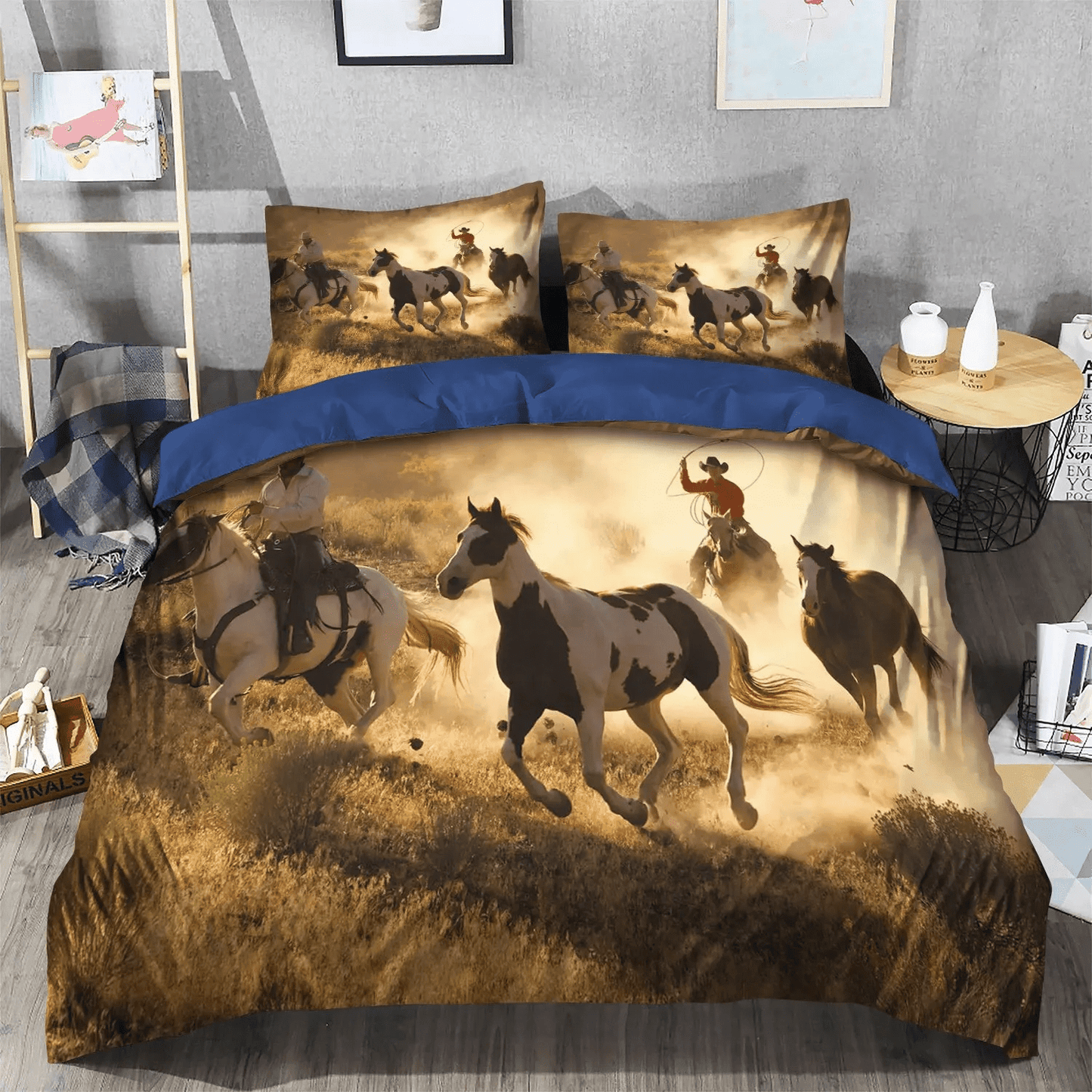 Cowboy Love Soft Duvet Cover Set, Cowboy King Size Bedding Set, Abstract Horse Bedding set, Wild Cowboy Horses HTMN Bedding Set, Gifts for Horse