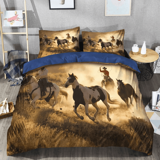 Cowboy Love Soft Duvet Cover Set, Cowboy King Size Bedding Set, Abstract Horse Bedding set, Wild Cowboy Horses HTMN Bedding Set, Gifts for Horse