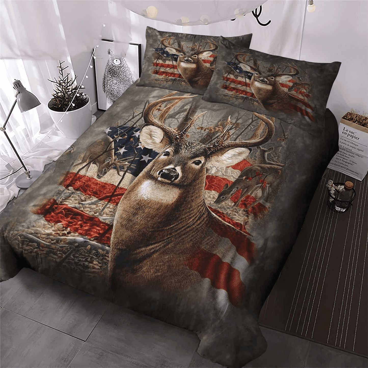 Christmas Deer King Size Bedding Set, American Flag Deer Hunting Soft Duvet Cover Set, Huntings Bedding set, Deer Hunting Bedding Set, Gifts for Deer