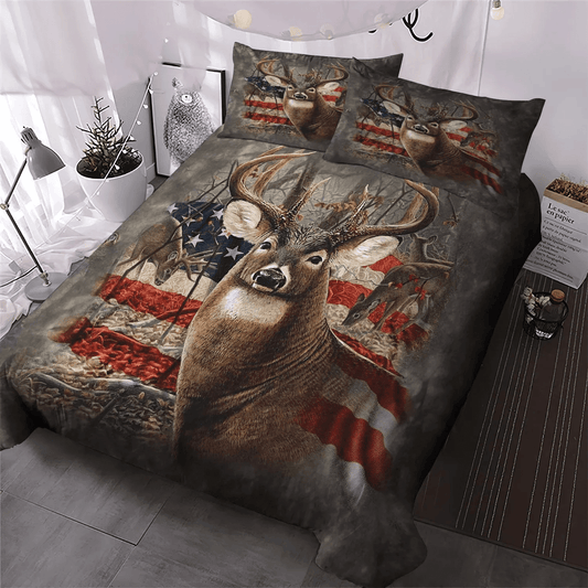 Christmas Deer King Size Bedding Set, American Flag Deer Hunting Soft Duvet Cover Set, Huntings Bedding set, Deer Hunting Bedding Set, Gifts for Deer