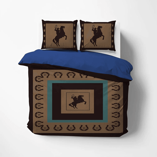 Dark Brown Dog Bedding set, Cowboy Love Soft Duvet Cover Set, Rustic Brown Turquoise Riding Cowboy Horseshoe DNT Bedding Set, Gifts for Riding