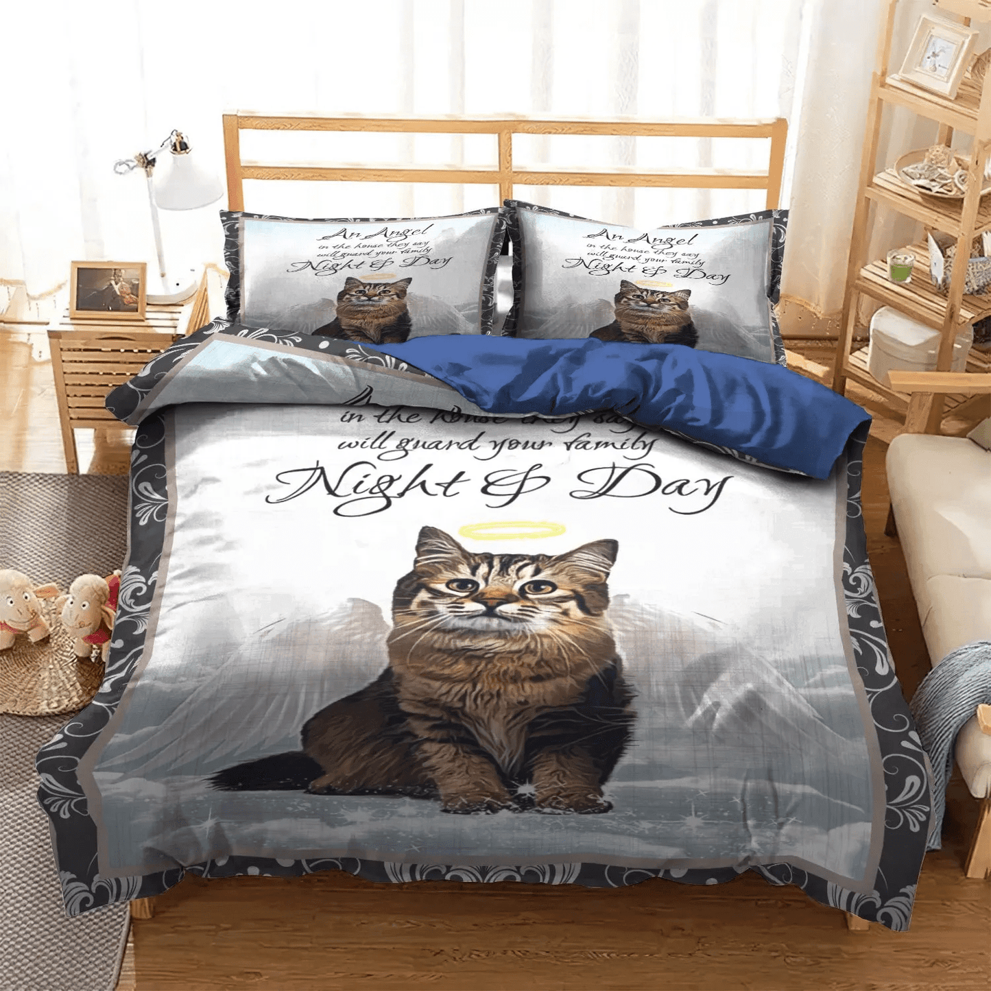 Angle Bedding set, Angel Lover Queen Size Bedding Set, Cat Soft Duvet Cover Set, Angle Cat Bedding Set, Gifts for Cat