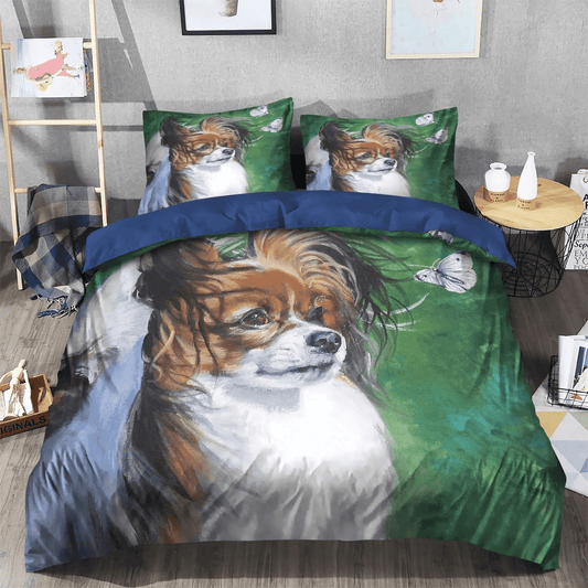 Chibi Dog Chibi Dog Chibi Dog Chibi Dog Bedding set, Papillon Dog Brown Fashion Soft Duvet Cover Set, Papillon Dog Bedding Set, Gifts for Papillon