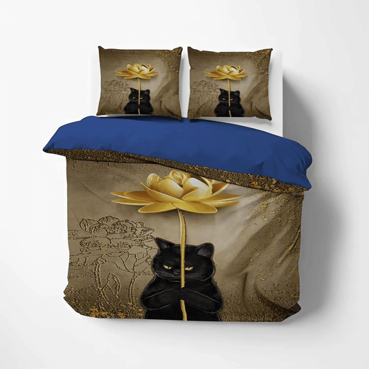 Black Cat Queen Size Bedding Set, Black Cat Nsn Transparent Soft Duvet Cover Set, Black Cat Mix Lotus Bedding Set, Gifts for Black Cat