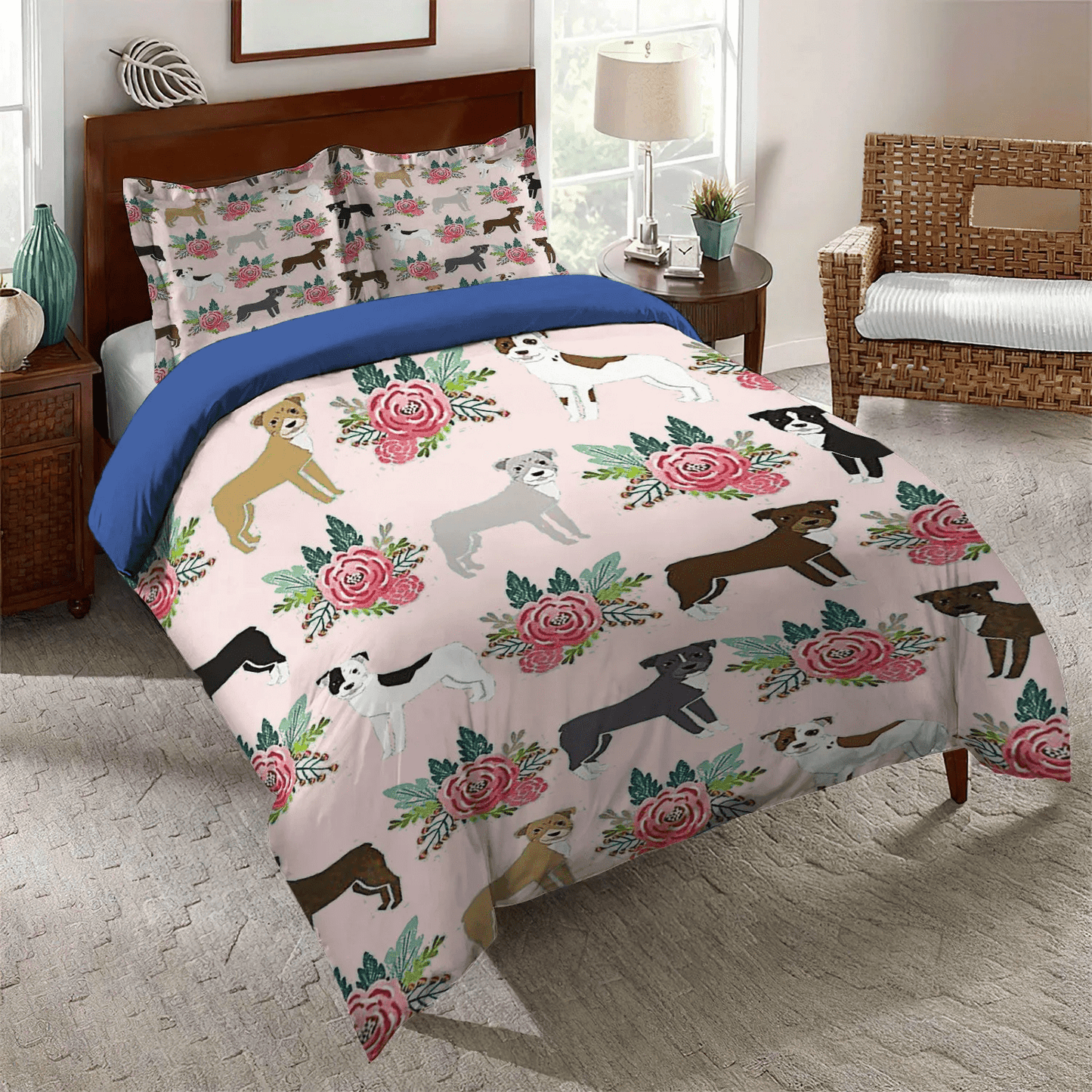 Cute Sleeping Chibi Dog Soft Duvet Cover Set, Lovers American Pitbull King Size Bedding Set, Pitbull Dog NHM Bedding Set, Gifts for Dog