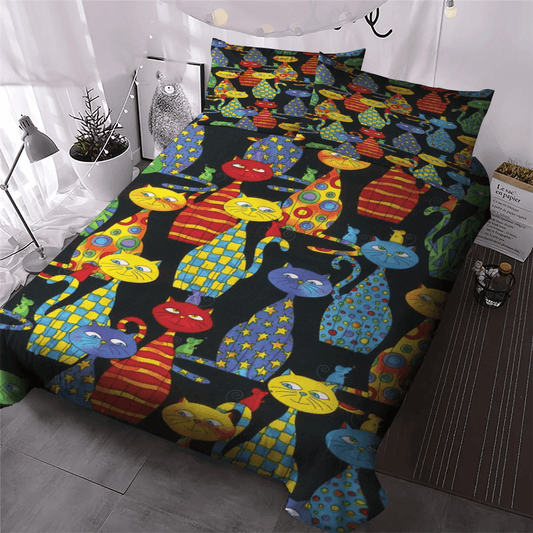 Colorful Queen Size Bedding Set, Cat Bedding set, Colorful Animal Soft Duvet Cover Set, Colorful Cats Bedding Set, Gifts for Colorful