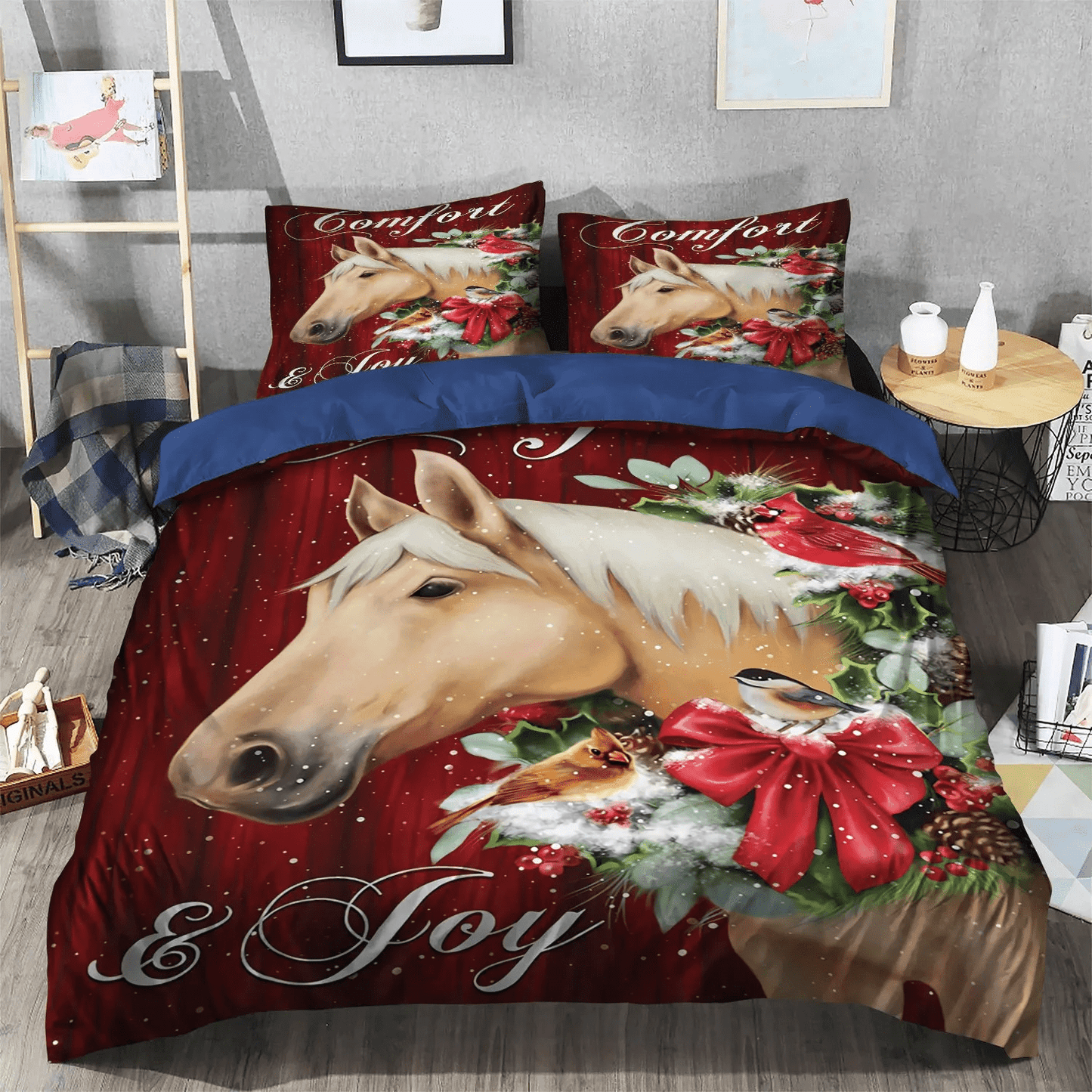 Horse Queen Size Bedding Set, Joy To The Crocodiles Christmas Tree Soft Duvet Cover Set, Horse Comfort And Joy Christmas Bedding Set, Gifts for Horse
