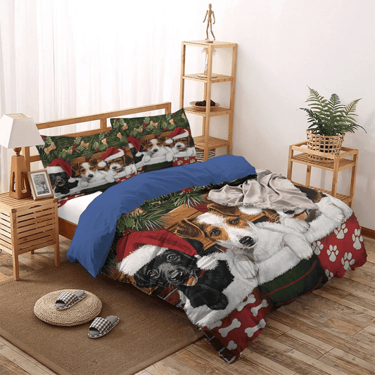 Personalized 3-piece Duvet Cover Bedding Set  Cute Sleeping Chibi Dog King Size Bedding Set, Christmas Bedding set, Dog Christmas Bedding Set, Gifts for Dog