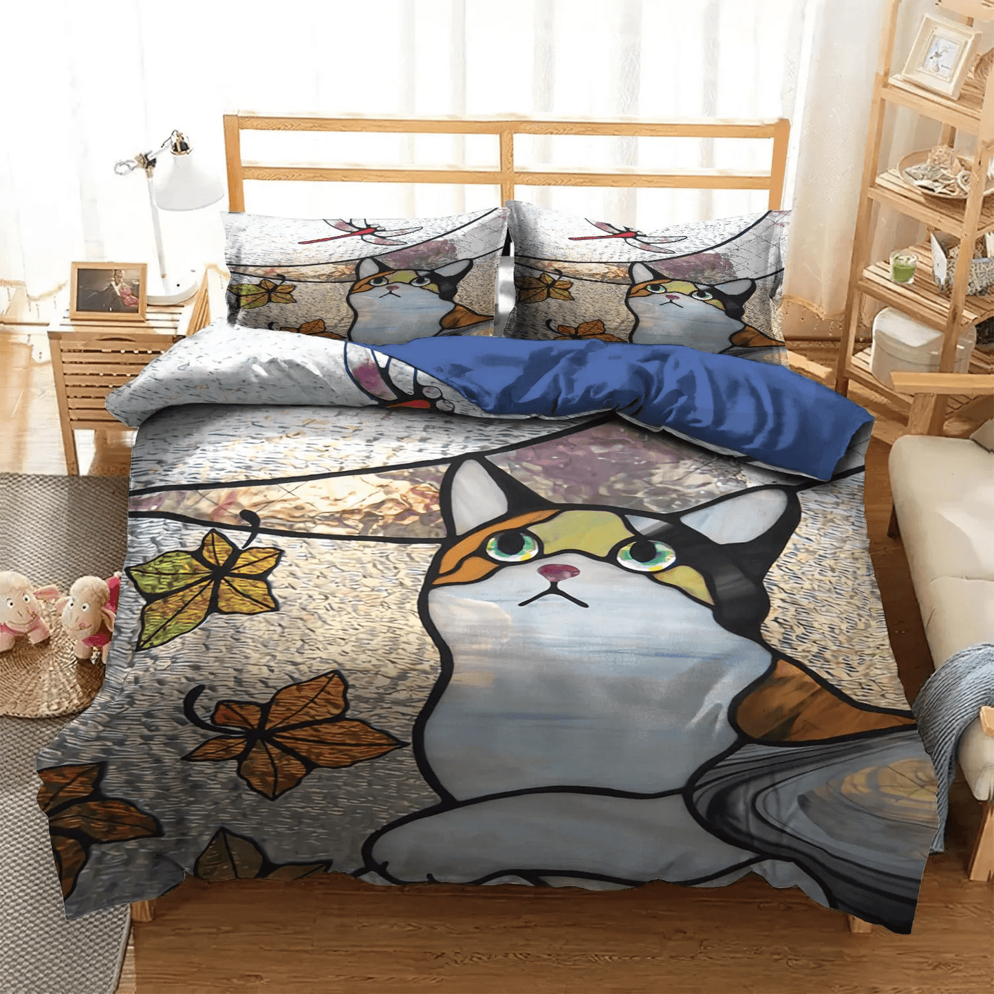 Cat Paw Bedding set, Stained Glass King Size Bedding Set, Cat Soft Duvet Cover Set, Cat Stained Glass Dragonfly Bedding Set, Gifts for Glass