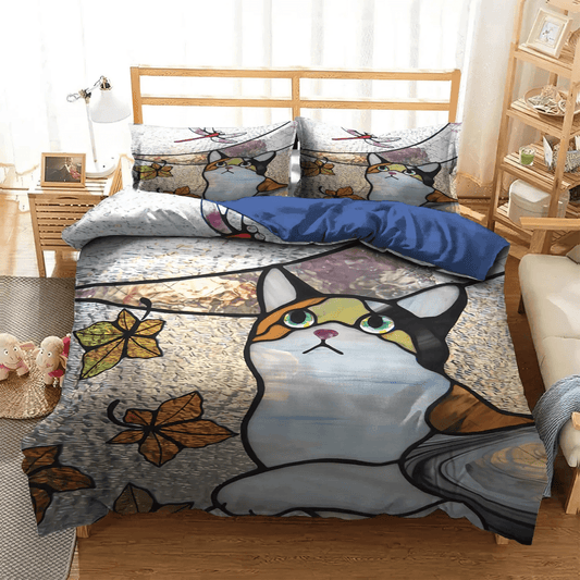 Cat Paw Bedding set, Stained Glass King Size Bedding Set, Cat Soft Duvet Cover Set, Cat Stained Glass Dragonfly Bedding Set, Gifts for Glass