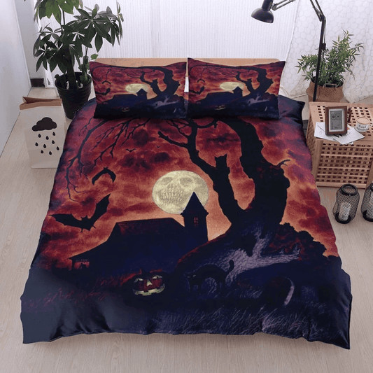 Personalized 3-piece Duvet Cover Bedding Set Halloween Tree Bat Pumpkin Cat Skull Moon Bedding Set