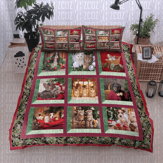 Personalized 3-piece Duvet Cover Bedding Set Christmas Pets Cats And Dog Bedding Set