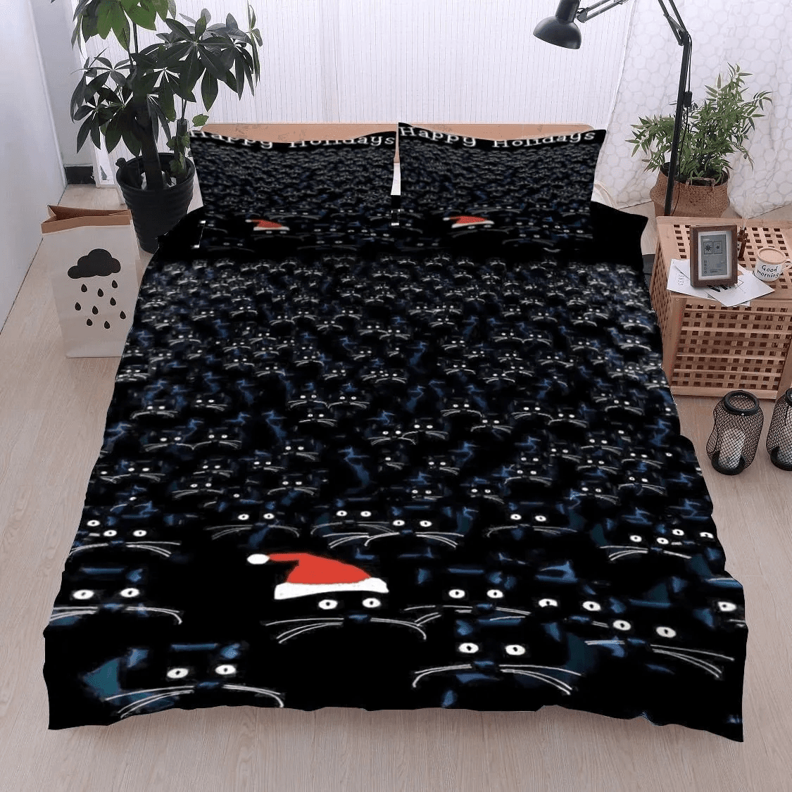 Personalized 3-piece Duvet Cover Bedding Set Christmas Black Cat Bedding Set
