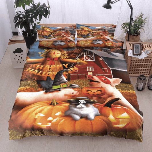 Personalized 3-piece Duvet Cover Bedding Set Pig Cat Pumpkins Halloween Bedding Set
