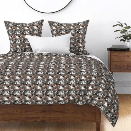 Personalized 3-piece Duvet Cover Bedding Set  Dachshund Halloween Fabric Dog Dogs Fabric Doxie Halloween Spooky Ghost Fabric Charcoal Bedding Set
