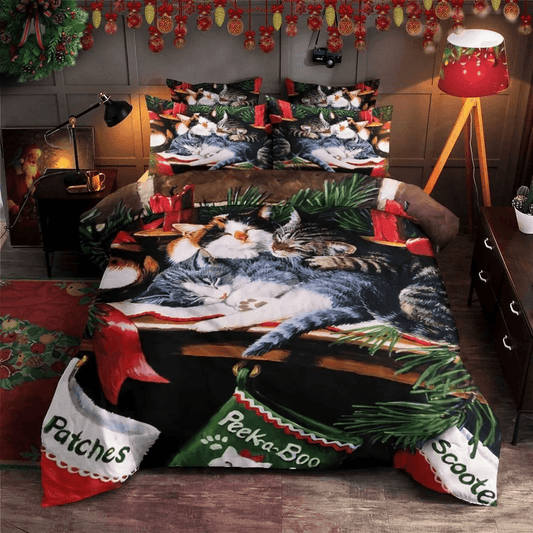 Personalized 3-piece Duvet Cover Bedding Set Christmas Cat Bedding Set
