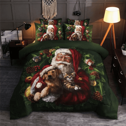 Personalized 3-piece Duvet Cover Bedding Set  Santa Claus Christmas Cat And Dog Bedding Set