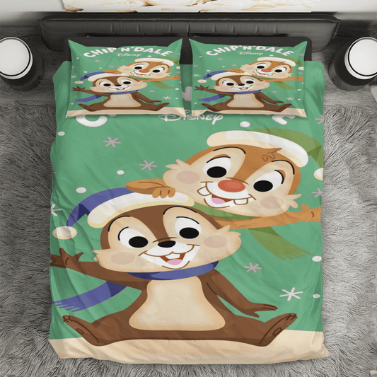 Disney Chip And Dale Christmas Green 1 3PCS Bedding Set Duvet Cover And Pillow Cases Gift For Fan