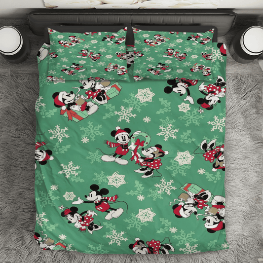 Disney Mickey Mouse Christmas Mickey And Minnie Green 8 3PCS Bedding Set Duvet Cover And Pillow Cases Gift For Fan