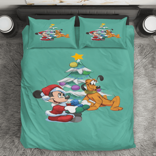 Disney Mickey Mouse Christmas Mickey And Pluto Blue 3 3PCS Bedding Set Duvet Cover And Pillow Cases Gift For Fan