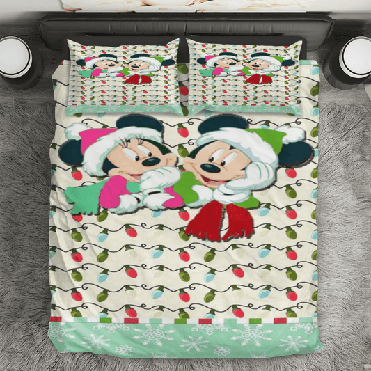 Disney Mickey Mouse Christmas Mickey And Minnie Green 2 3PCS Bedding Set Duvet Cover And Pillow Cases Gift For Fan
