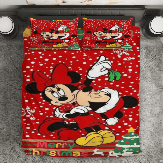 Disney Mickey Mouse Christmas Mickey And Minnie Red 4 3PCS Bedding Set Duvet Cover And Pillow Cases Gift For Fan