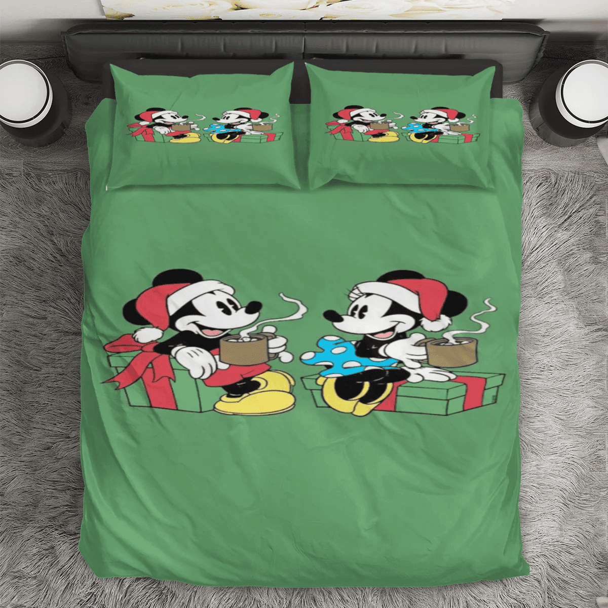 Disney Mickey Mouse Christmas Mickey And Minnie Green 4 3PCS Bedding Set Duvet Cover And Pillow Cases Gift For Fan