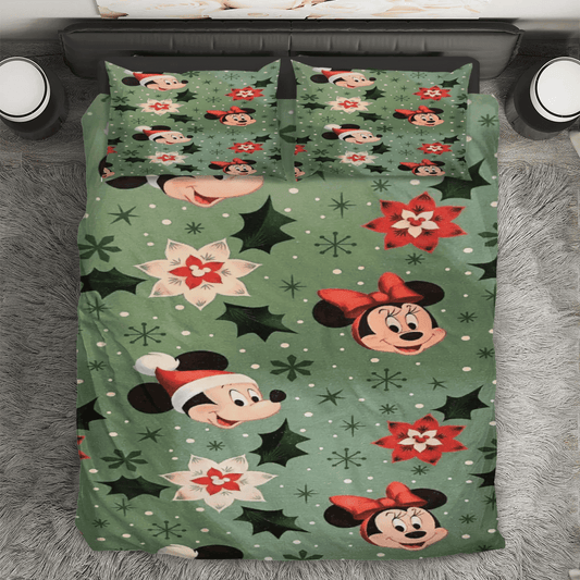 Disney Mickey Mouse Christmas Mickey And Minnie Green 1 3PCS Bedding Set Duvet Cover And Pillow Cases Gift For Fan