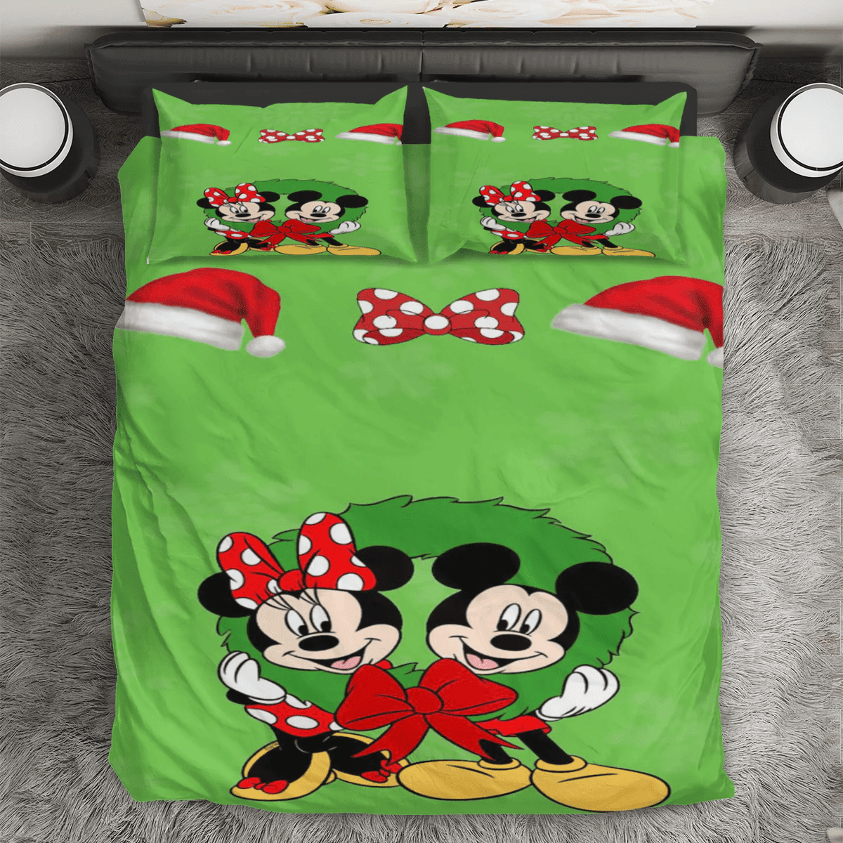 Disney Mickey Mouse Christmas Mickey And Minnie Green 6 3PCS Bedding Set Duvet Cover And Pillow Cases Gift For Fan