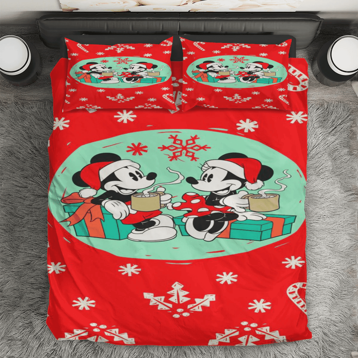 Disney Mickey Mouse Christmas Mickey And Minnie Red 8 3PCS Bedding Set Duvet Cover And Pillow Cases Gift For Fan