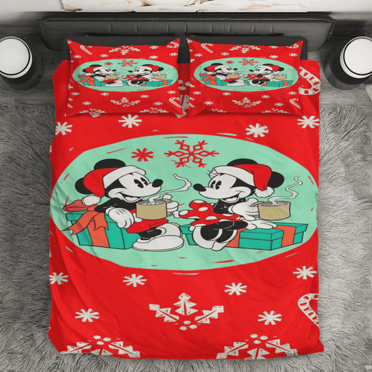 Disney Mickey Mouse Christmas Mickey And Minnie Red 8 3PCS Bedding Set Duvet Cover And Pillow Cases Gift For Fan