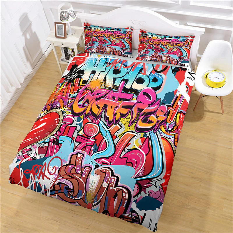 3D Cafe Hip Hop Street Graffiti Bedding Set Duvet Cover Bed Sheet Sets_5007
